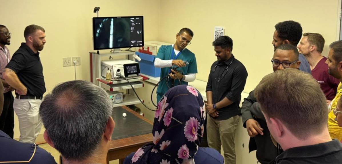 Dr Vikash Lala demonstrating endoscopy technique to fellows